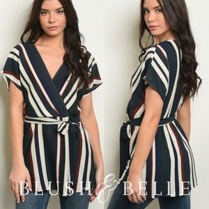 LAST CHANCE Green, White & Red Tie Striped Blouse